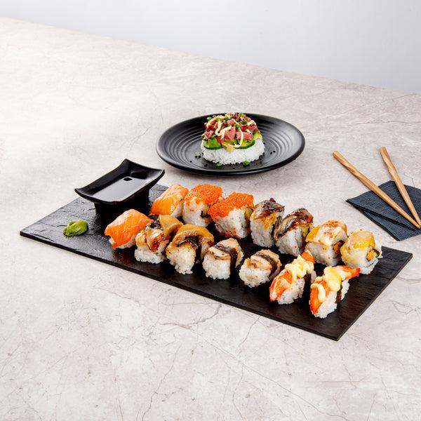 Restaurantware Maxi Serve Rectangle Black Plastic Large Plate - Faux Slate - 16" X 7" - 25 Count Box