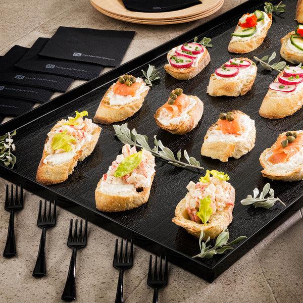 Restaurantware Maxi Serve Rectangle Black Plastic Large Tray - Faux Wood Grain - 23 1/2" X 11 3/4" - 25 Count Box