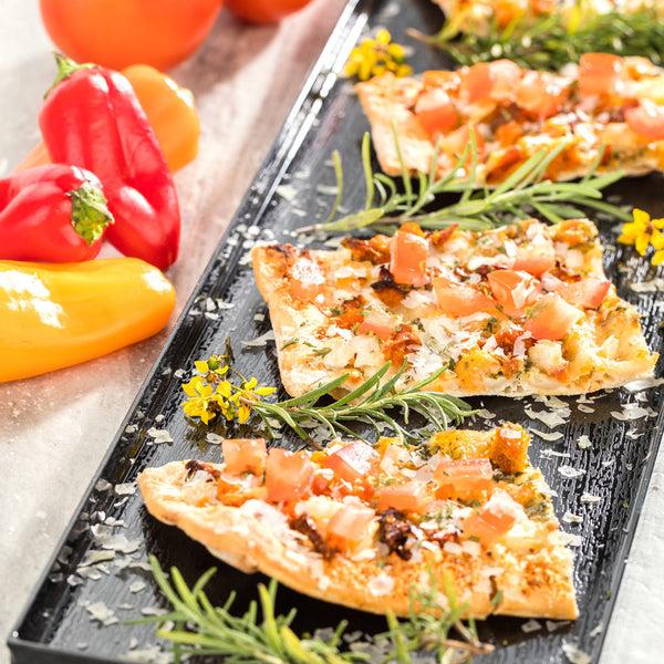 Restaurantware Maxi Serve Rectangle Black Plastic Medium Tray - Faux Wood Grain - 23 1/2" X 6" - 25 Count Box