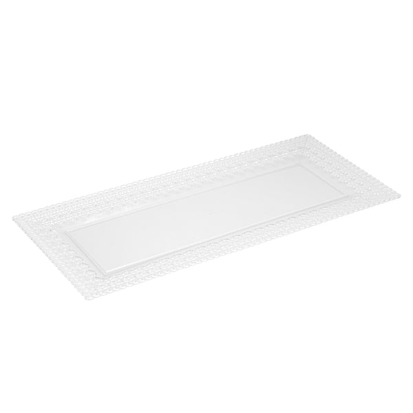 Restaurantware Maxi Serve Rectangle Clear Plastic Plate - With Lace Rim - 14 1/4" X 6 1/4" - 100 Count Box