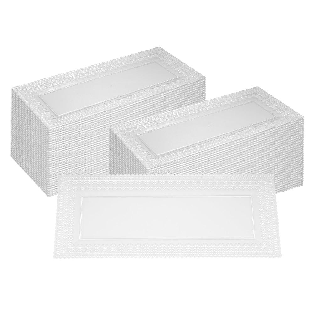 restaurantware Maxi Serve Rectangle Clear Plastic Plate - with Lace Rim - 14 1/4" x 6 1/4" - 100 count box