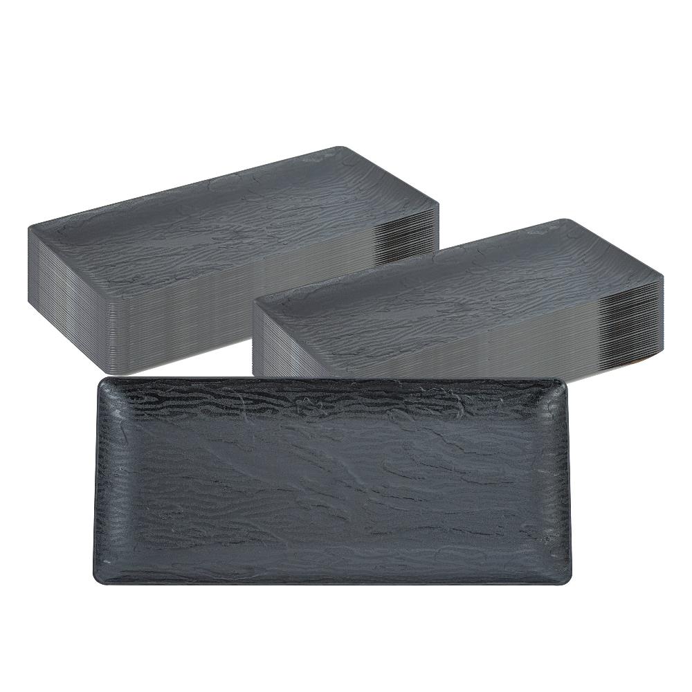 restaurantware Maxi Serve Rectangle Matte Black Plastic Plate - 14 1/4" x 6 1/4" - 100 count box