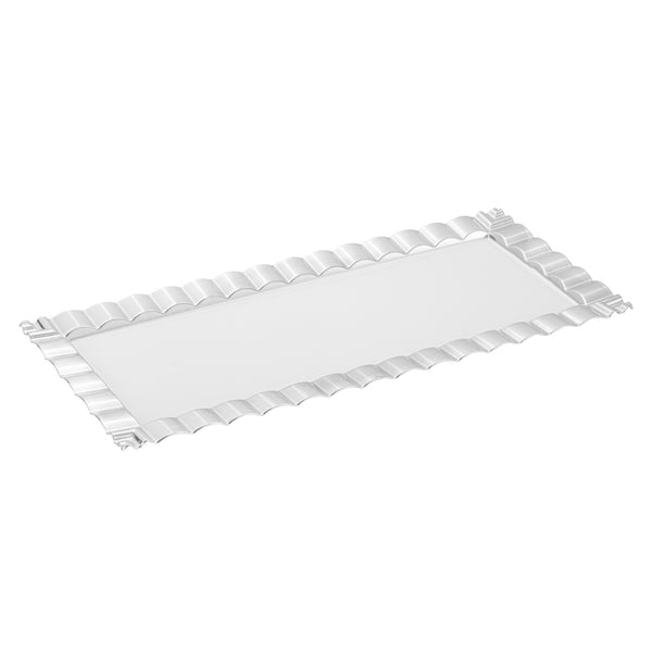 Restaurantware Maxi Serve Rectangle White Plastic Plate - With Silver Ruffled Rim - 14 1/4" X 6 1/4" - 100 Count Box