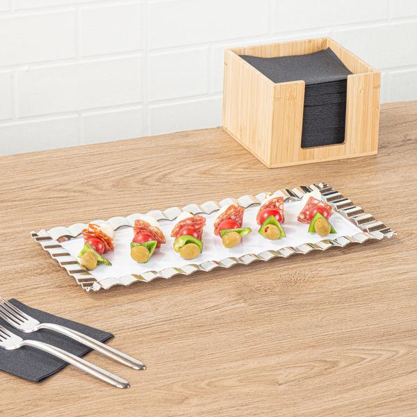Restaurantware Maxi Serve Rectangle White Plastic Plate - With Silver Ruffled Rim - 14 1/4" X 6 1/4" - 100 Count Box