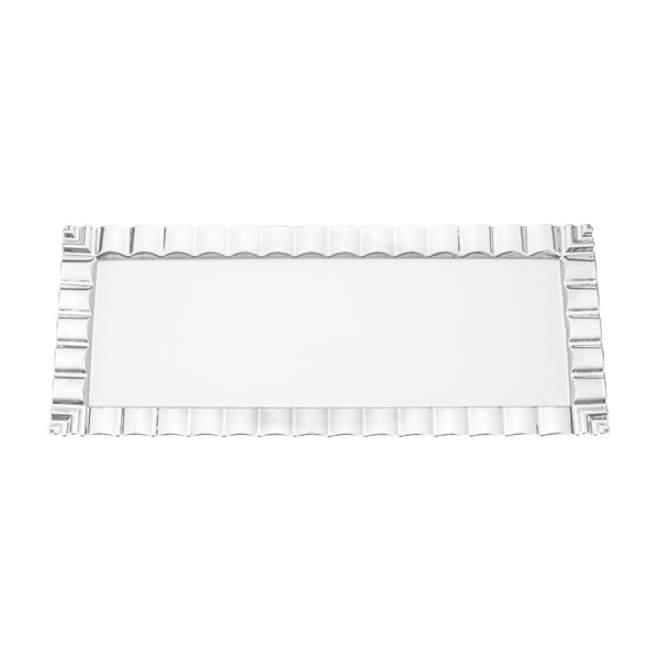 Restaurantware Maxi Serve Rectangle White Plastic Plate - With Silver Ruffled Rim - 14 1/4" X 6 1/4" - 100 Count Box