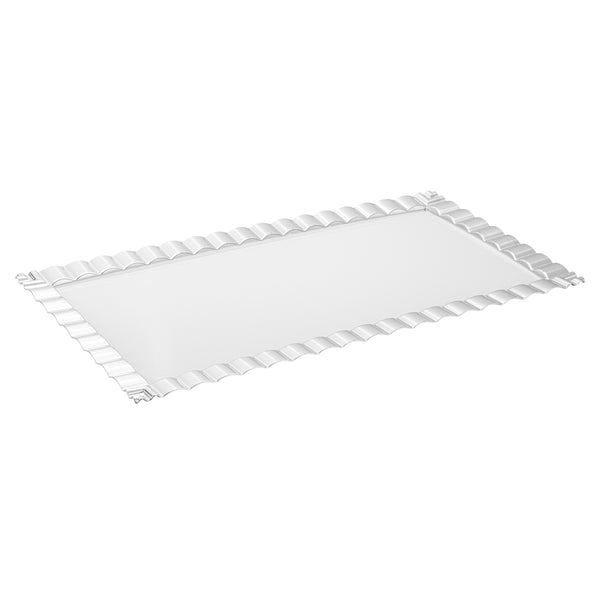 Restaurantware Maxi Serve Rectangle White Plastic Plate - With Silver Ruffled Rim - 17" X 9" - 100 Count Box