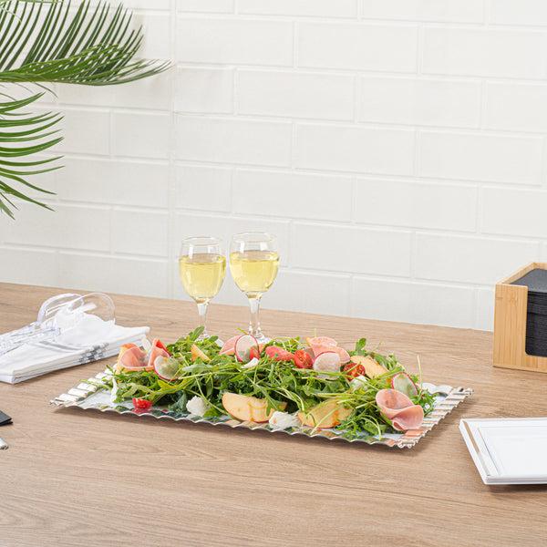 Restaurantware Maxi Serve Rectangle White Plastic Plate - With Silver Ruffled Rim - 17" X 9" - 100 Count Box