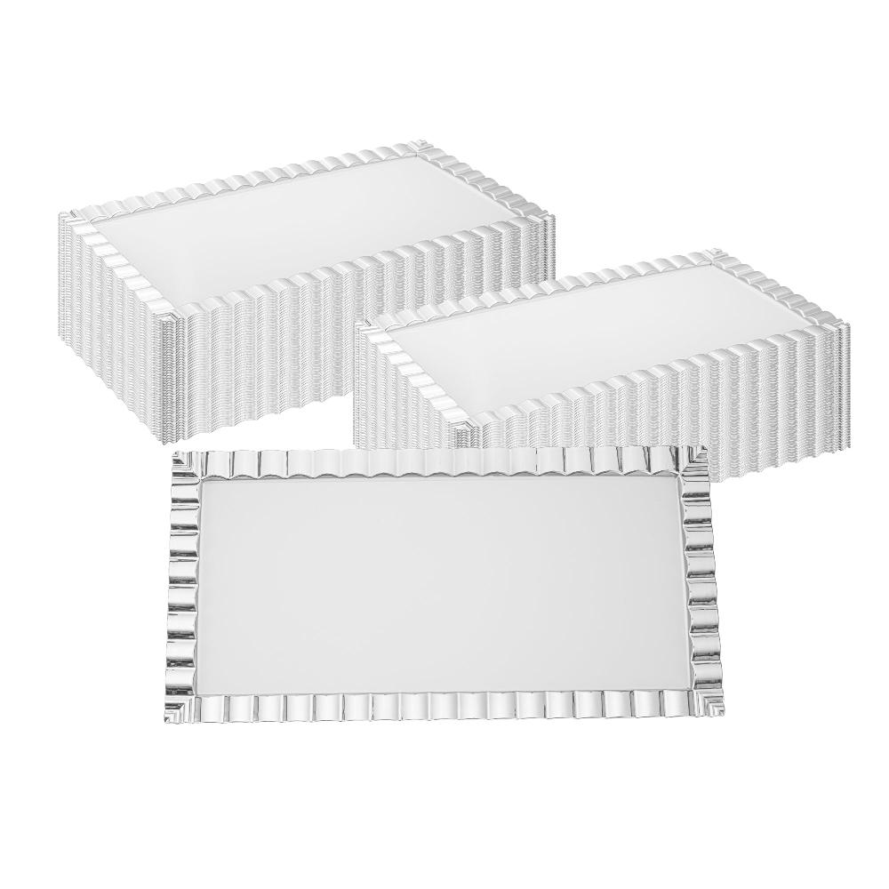 restaurantware Maxi Serve Rectangle White Plastic Plate - with Silver Ruffled Rim - 17" x 9" - 100 count box