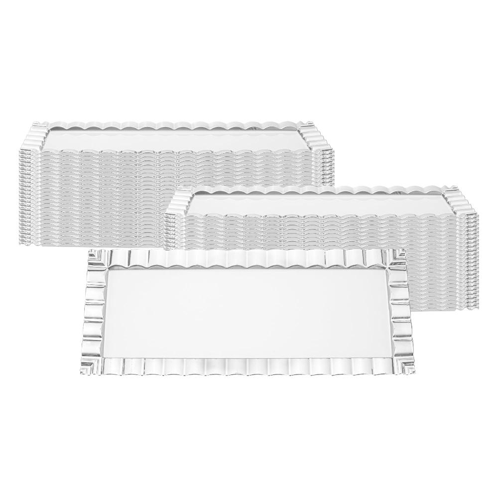 restaurantware Maxi Serve Rectangle White Plastic Plate - with Silver Ruffled Rim - 14 1/4" x 6 1/4" - 100 count box