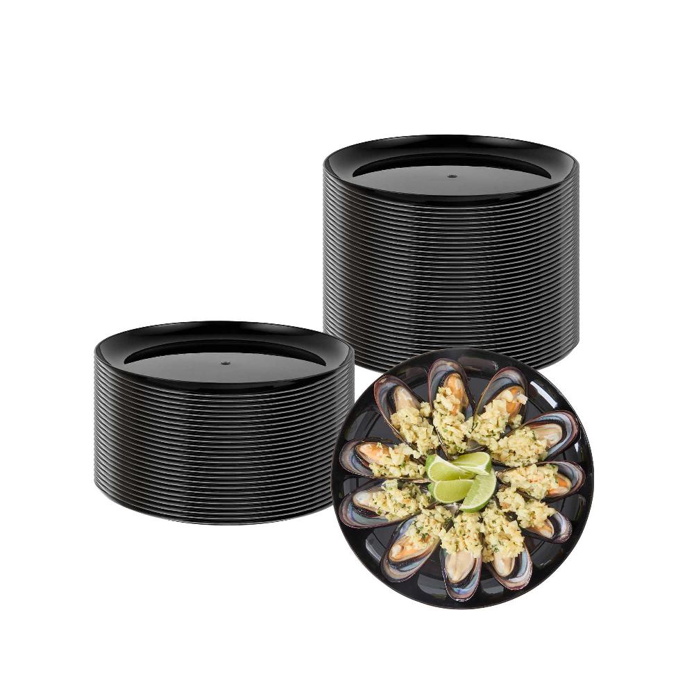 restaurantware Maxi Serve Round Black Plastic Elegant Plate - 9" x 9" x 1/2" - 100 count box