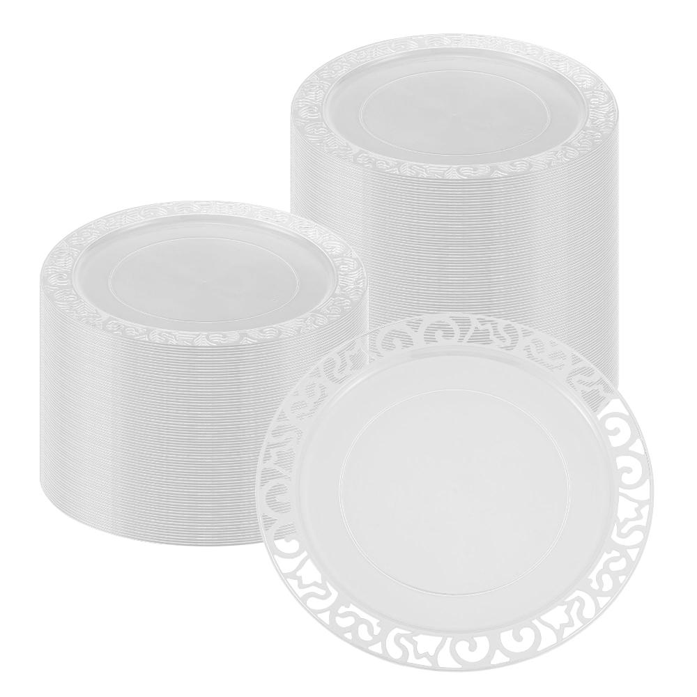 restaurantware Maxi Serve Round Clear Plastic Plate - with Lace Rim - 11 3/4" x 11 3/4" - 100 count box