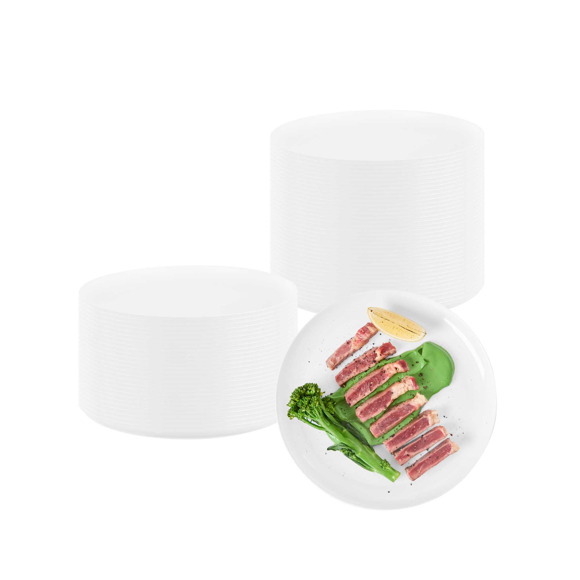 restaurantware Maxi Serve Round White Plastic Elegant Plate - 9" x 9" x 1/2" - 100 count box