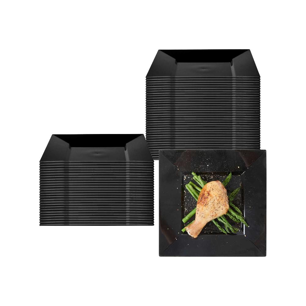 restaurantware Maxi Serve Square Black Plastic Medium Plate - 8 1/4" x 8 1/4" x 1/2" - 100 count box