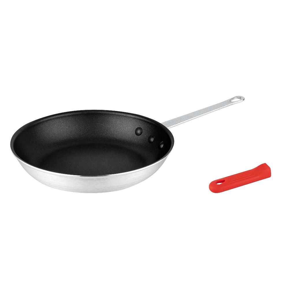 restaurantware Met Lux 1 Aluminum 10" Non-Stick Fry Pan and 1 Red Silicone Pan Handle Sleeve