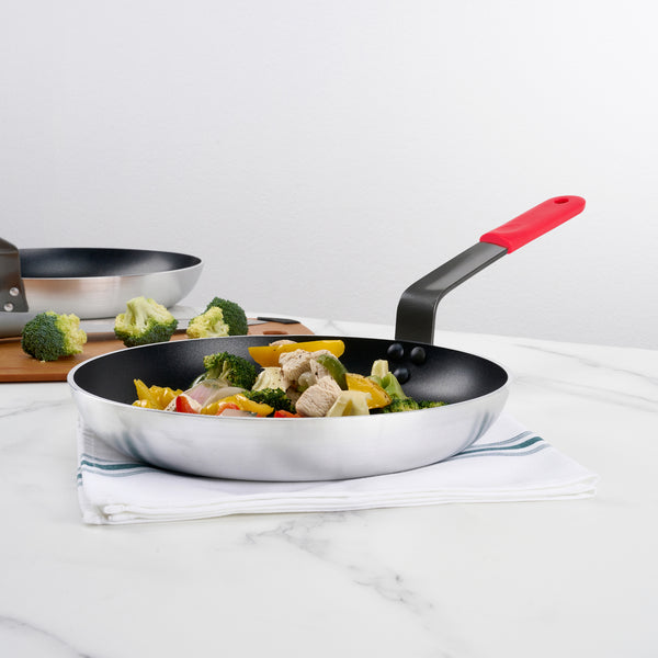 Restaurantware Met Lux 1 Aluminum 11" Induction Ready Fry Pan And 1 Red Silicone Pan Handle Sleeve