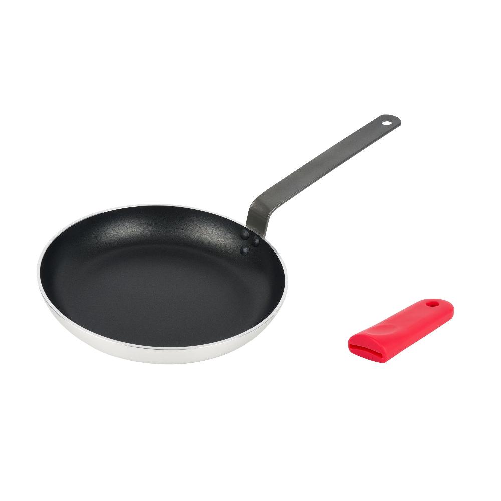 restaurantware Met Lux 1 Aluminum 11" Induction Ready Fry Pan and 1 Red Silicone Pan Handle Sleeve