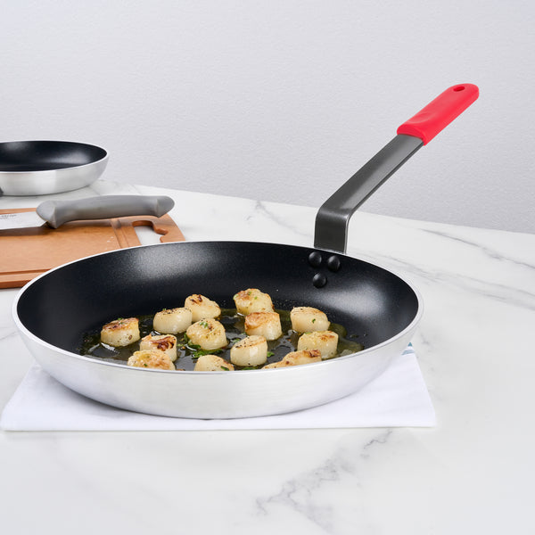 Restaurantware Met Lux 1 Aluminum 12" Induction Ready Fry Pan And 1 Red Silicone Pan Handle Sleeve