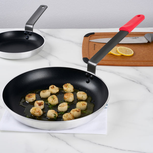 Restaurantware Met Lux 1 Aluminum 12" Induction Ready Fry Pan And 1 Red Silicone Pan Handle Sleeve