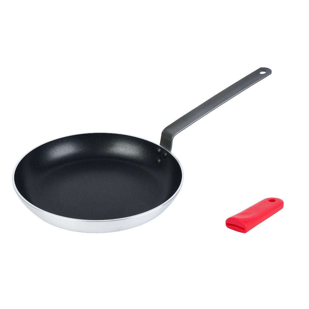 restaurantware Met Lux 1 Aluminum 12" Induction Ready Fry Pan and 1 Red Silicone Pan Handle Sleeve