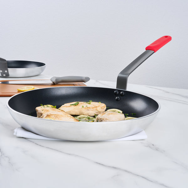 Restaurantware Met Lux 1 Aluminum 14" Induction Ready Fry Pan And 1 Red Silicone Pan Handle Sleeve