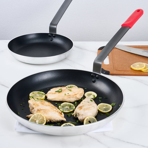Restaurantware Met Lux 1 Aluminum 14" Induction Ready Fry Pan And 1 Red Silicone Pan Handle Sleeve