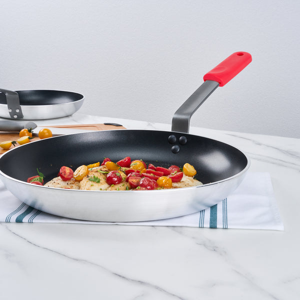 Restaurantware Met Lux 1 Aluminum 16" Induction Ready Fry Pan And 1 Red Silicone Pan Handle Sleeve