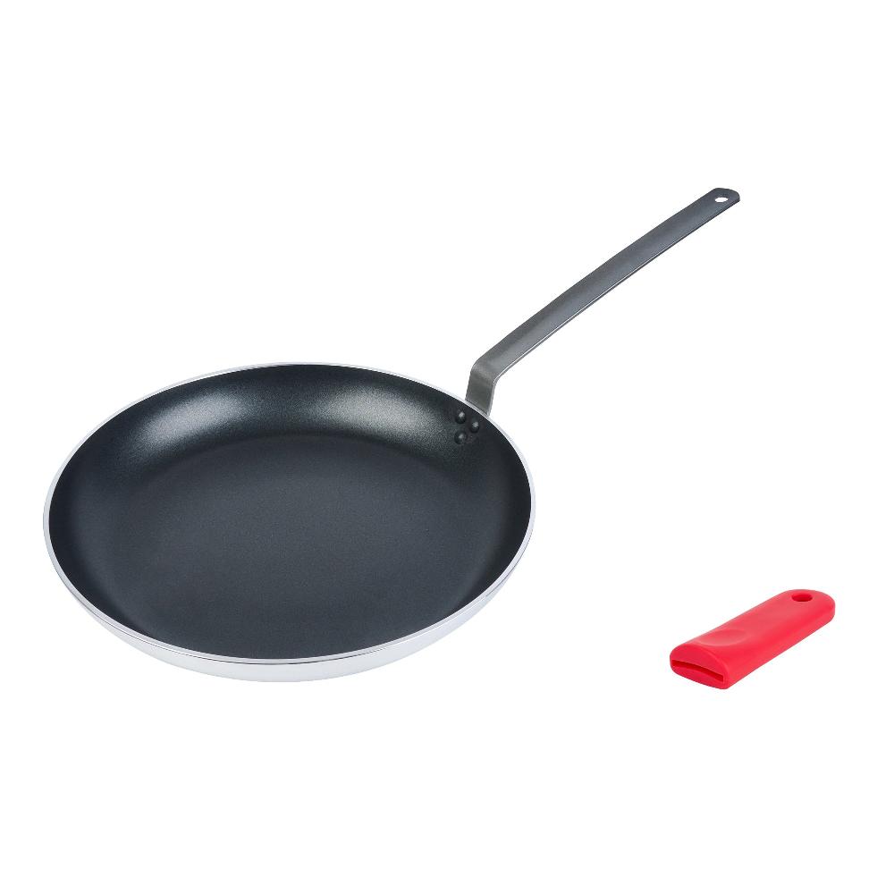 restaurantware Met Lux 1 Aluminum 16" Induction Ready Fry Pan and 1 Red Silicone Pan Handle Sleeve