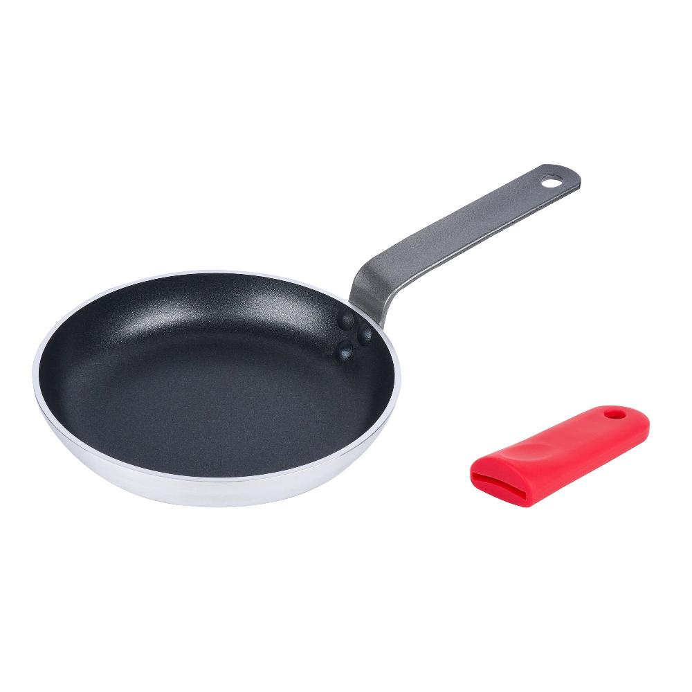 restaurantware Met Lux 1 Aluminum 8" Induction Ready Fry Pan and 1 Red Silicone Pan Handle Sleeve