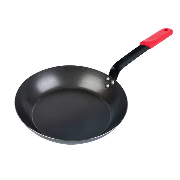 Restaurantware Met Lux 1 Black Carbon Steel 11" Pre-Seasoned Fry Pan And 1 Red Silicone Pan Handle Sleeve