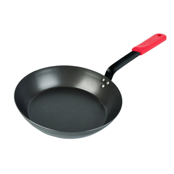 Restaurantware Met Lux 1 Black Carbon Steel 12" Pre-Seasoned Fry Pan And 1 Red Silicone Pan Handle Sleeve