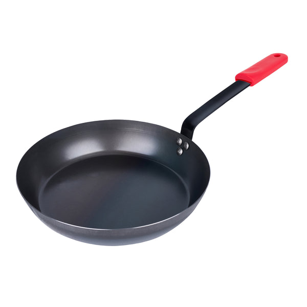 Restaurantware Met Lux 1 Black Carbon Steel 13" Pre-Seasoned Fry Pan And 1 Red Silicone Pan Handle Sleeve