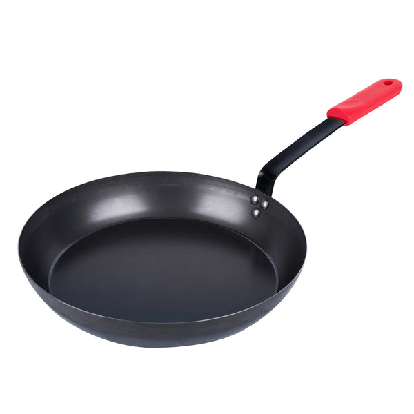 Restaurantware Met Lux 1 Black Carbon Steel 14" Pre-Seasoned Fry Pan And 1 Red Silicone Pan Handle Sleeve