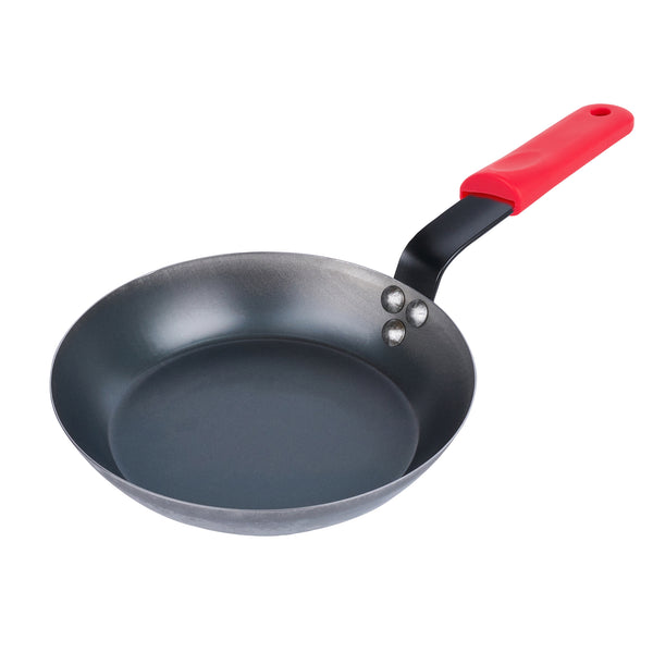 Restaurantware Met Lux 1 Black Carbon Steel 9" Pre-Seasoned Fry Pan And 1 Red Silicone Pan Handle Sleeve
