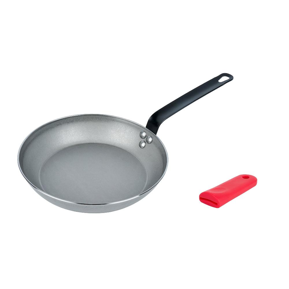 restaurantware Met Lux 1 Carbon Steel 10" Non-Stick Fry Pan and 1 Red Silicone Pan Handle Sleeve