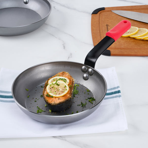 Restaurantware Met Lux 1 Carbon Steel 8" Non-Stick Fry Pan And 1 Red Silicone Pan Handle Sleeve