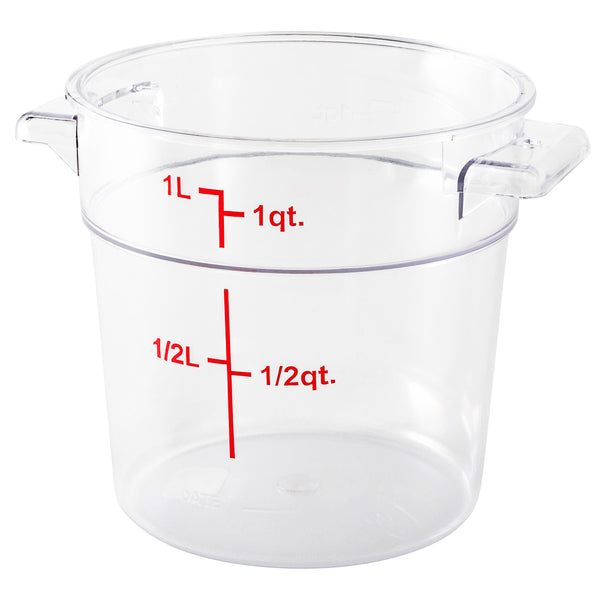 Restaurantware Met Lux 1 Qt Round Clear Plastic Food Storage Container - With Red Volume Markers - 5" X 5" X 4 3/4" - 10 Count Box