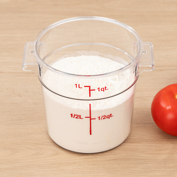 Restaurantware Met Lux 1 Qt Round Clear Plastic Food Storage Container - With Red Volume Markers - 5" X 5" X 4 3/4" - 10 Count Box