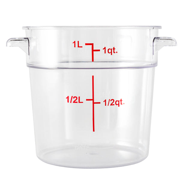 Restaurantware Met Lux 1 Qt Round Clear Plastic Food Storage Container - With Red Volume Markers - 5" X 5" X 4 3/4" - 10 Count Box