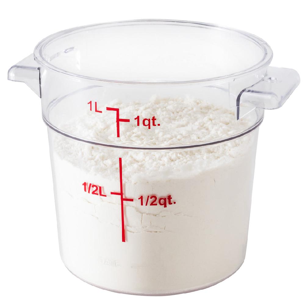 restaurantware Met Lux 1 qt Round Clear Plastic Food Storage Container - with Red Volume Markers - 5" x 5" x 4 3/4" - 10 count box