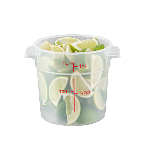 Restaurantware Met Lux 1 Qt Round Translucent Plastic Food Storage Container - With Red Volume Markers - 5" X 5" X 5" - 10 Count Box