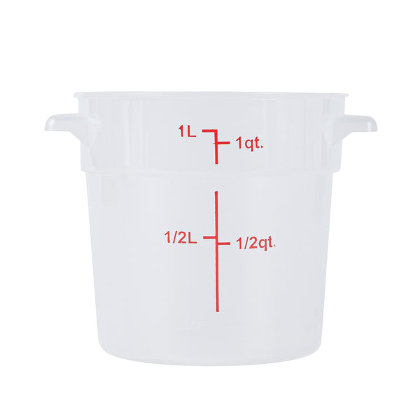 Restaurantware Met Lux 1 Qt Round Translucent Plastic Food Storage Container - With Red Volume Markers - 5" X 5" X 5" - 10 Count Box