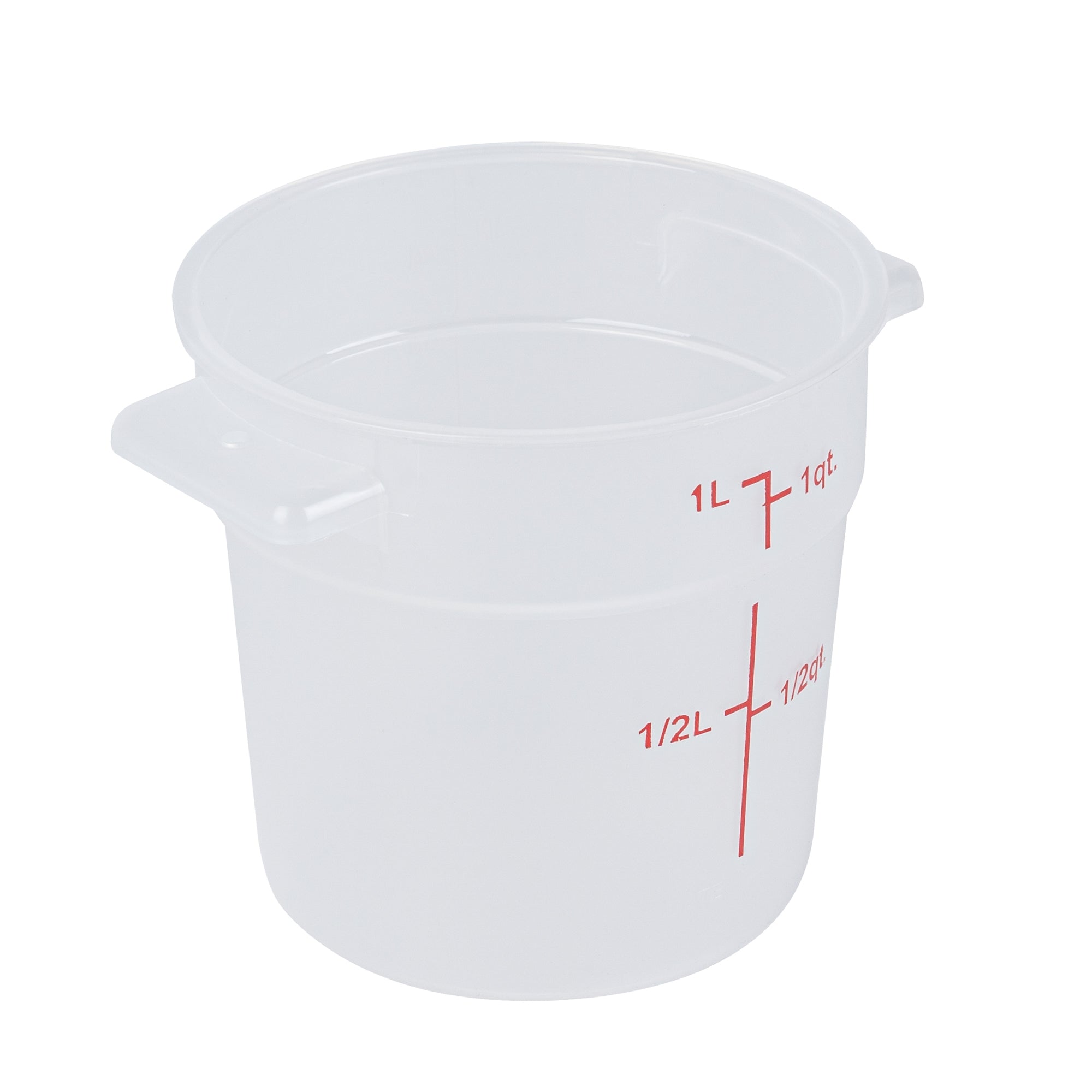 restaurantware Met Lux 1 qt Round Translucent Plastic Food Storage Container - with Red Volume Markers - 5" x 5" x 5" - 10 count box