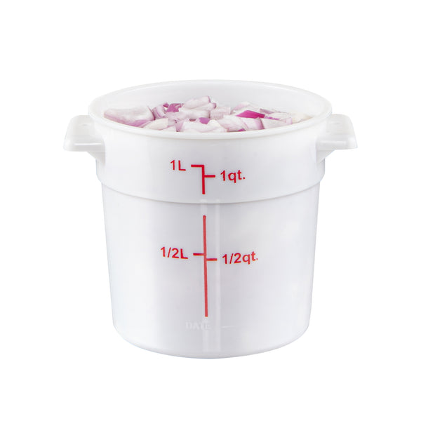 Restaurantware Met Lux 1 Qt Round White Plastic Food Storage Container - With Red Volume Markers - 5" X 5" X 5" - 10 Count Box