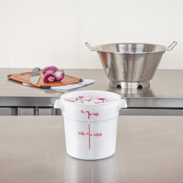 Restaurantware Met Lux 1 Qt Round White Plastic Food Storage Container - With Red Volume Markers - 5" X 5" X 5" - 10 Count Box