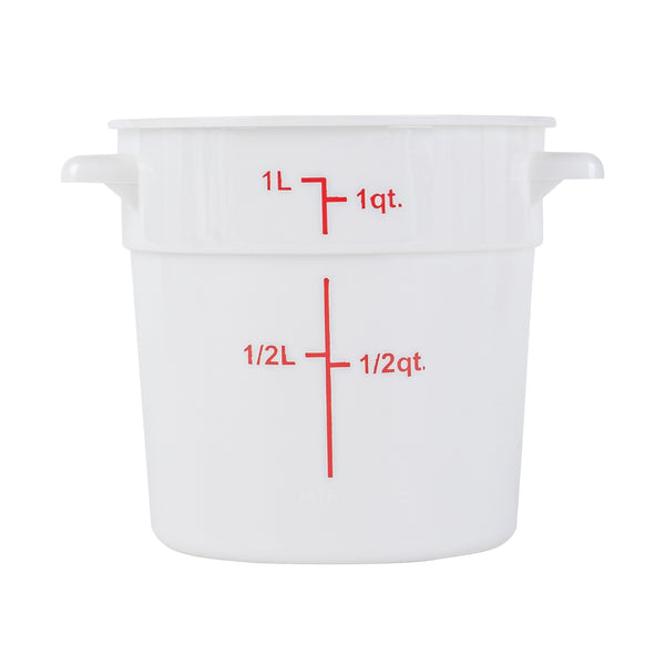 Restaurantware Met Lux 1 Qt Round White Plastic Food Storage Container - With Red Volume Markers - 5" X 5" X 5" - 10 Count Box