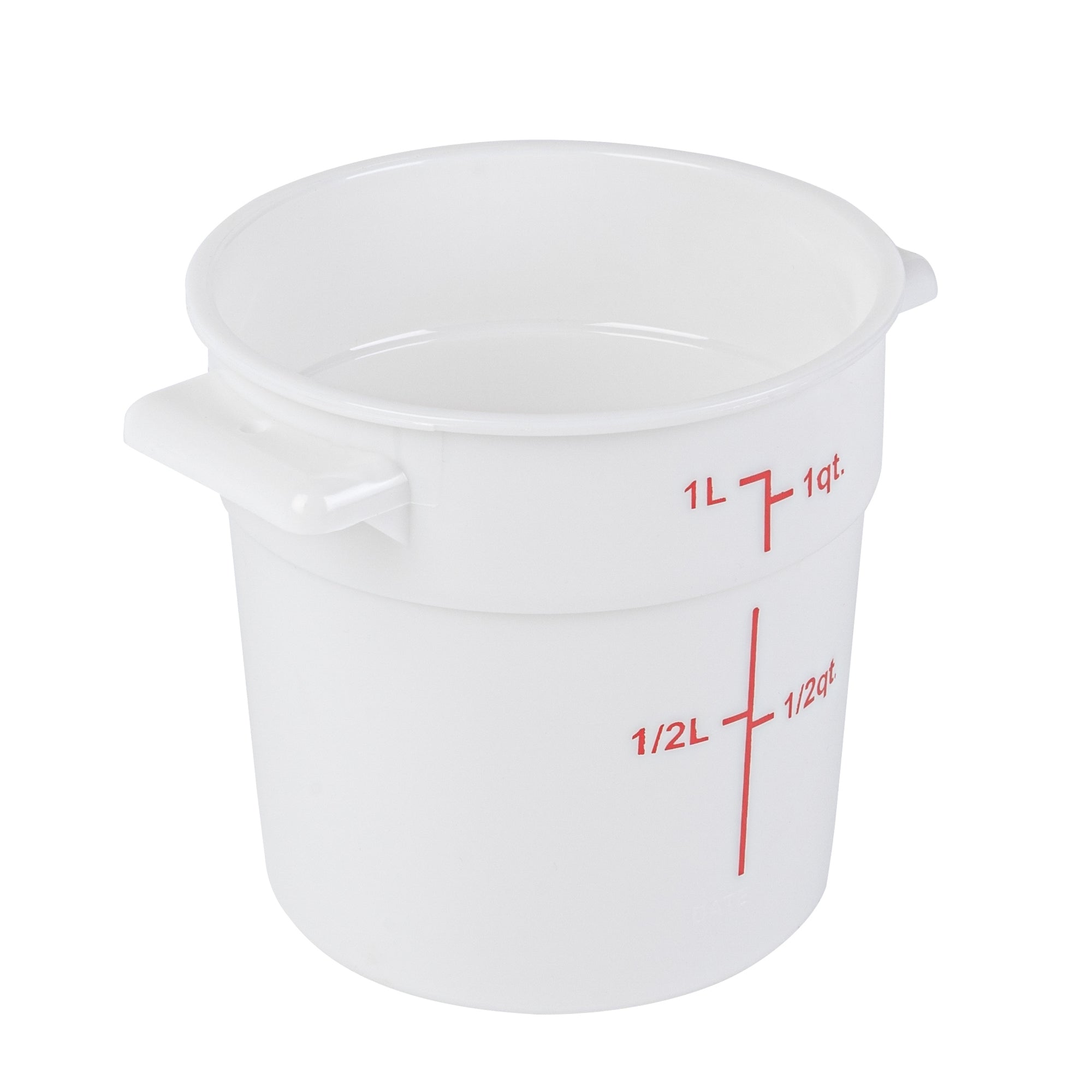 restaurantware Met Lux 1 qt Round White Plastic Food Storage Container - with Red Volume Markers - 5" x 5" x 5" - 10 count box