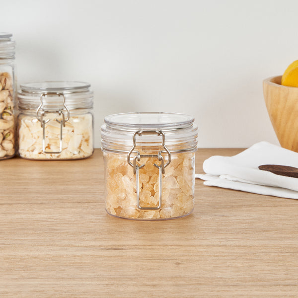 Restaurantware Met Lux 12 Oz Round Clear Plastic Storage Jar - With Hinged Lid - 3 1/2" X 3 1/2" X 3 1/2" - 20 Count Box
