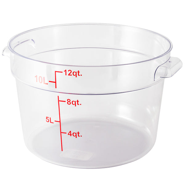 Restaurantware Met Lux 12 Qt Round Clear Plastic Food Storage Container - With Red Volume Markers - 12 1/4" X 12 1/4" X 8" - 10 Count Box