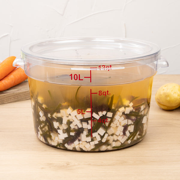 Restaurantware Met Lux 12 Qt Round Clear Plastic Food Storage Container - With Red Volume Markers - 12 1/4" X 12 1/4" X 8" - 10 Count Box