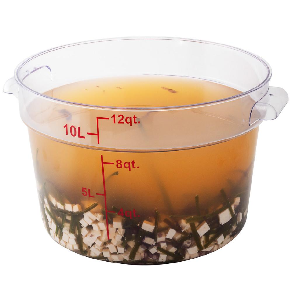 restaurantware Met Lux 12 qt Round Clear Plastic Food Storage Container - with Red Volume Markers - 12 1/4" x 12 1/4" x 8" - 10 count box